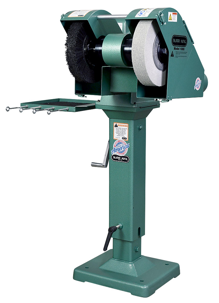 14200 M1000 shown with optional Nylox brush and Scotchbrite deburring/polishing wheel mounted on optional 02-10 adjustable pedestal and 760T-2 tool tray.